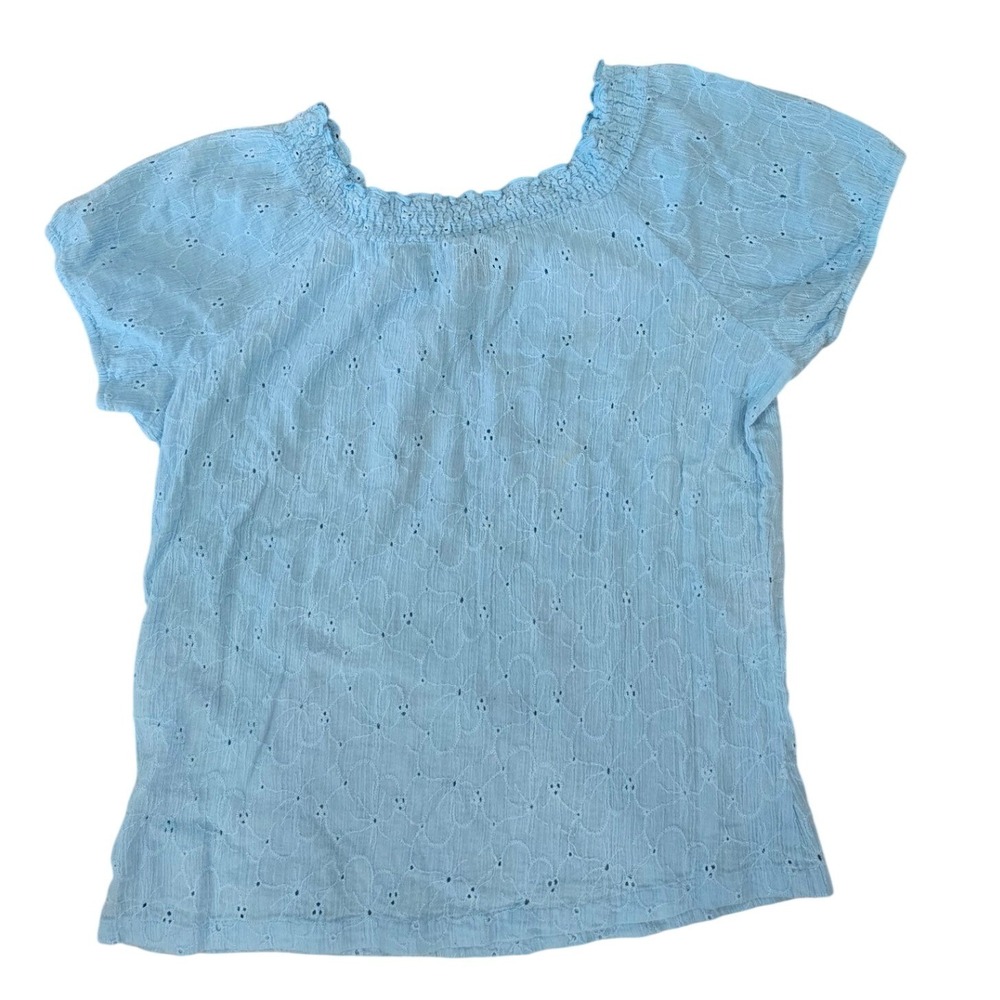 ALC‎ Atlast Classics Blue Eyelet Cotton Blouse Smocked Neck Short Sleeve Top L